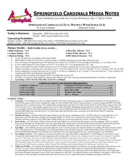 Springfield Cardinals Media Notes Game #4  Home Game #4  Away Game #0  Friday, May 7, 2021  7:05Pm