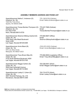 1 Assembly Members Address and Phone List