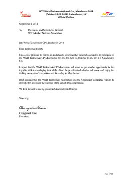 September 4, 2014 To: Presidents and Secretaries General WTF Member