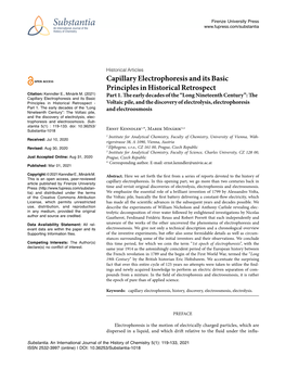 Capillary Electrophoresis and Its Basic Principles in Historical Retrospect Citation: Kenndler E., Minárik M