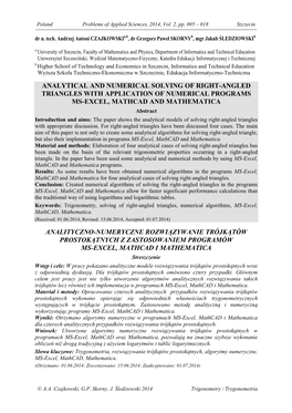 Analytical and Numerical Solving of Right-Angled Triangles with Application of Numerical Programs Ms-Excel, Mathcad and Mathematica