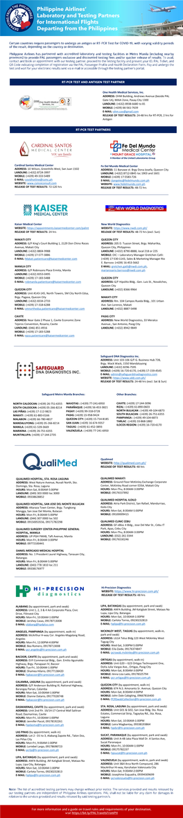 Philippine Airlines' Laboratory and Testing Partners for International Flights Departing from the Philippines