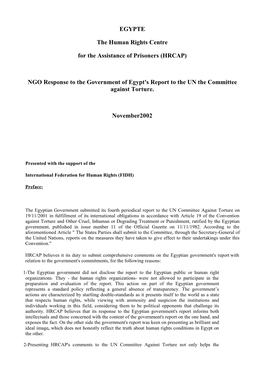 NGO Response to the Government of Egypt's Report to the UN the Committee Against Torture
