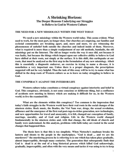 A Shrinking Horizon: the Deeper Reasons Underlying Our Struggles to Believe in God in Western Culture