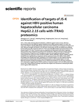 Identification of Targets of JS-K Against HBV-Positive Human Hepatocellular Carcinoma Hepg2. 2.15 Cells with Itraq Proteomics