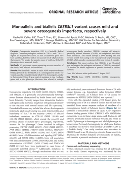 Monoallelic and Biallelic CREB3L1 Variant Causes Mild and Severe Osteogenesis Imperfecta, Respectively