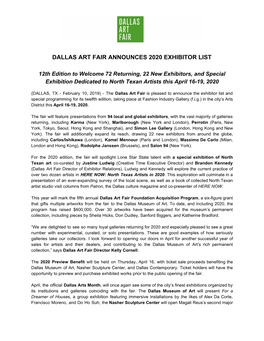 Dallas Art Fair Announces 2020 Exhibitor List