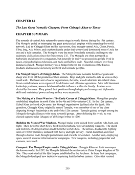 CHAPTER 14 the Last Great Nomadic Changes: from Chinggis Khan to Timur CHAPTER SUMMARY