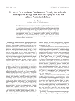 Biocultural Orchestration of Developmental Plasticity Across Levels: the Interplay of Biology and Culture in Shaping the Mind and Behavior Across the Life Span