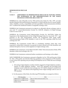 Amendment to Memorandum Circular No. 06-07-2016, Lifting the Suspension of the Implementation of the 4-Digit Exchange Codes for Area Code “02”