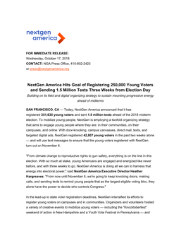 Nextgen America Hits Goal of Registering 250,000 Young Voters