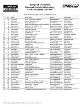 Entry List - Numerical Daytona International Speedway 62Nd Annual DAYTONA 500
