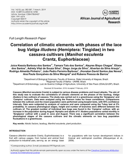 Correlation of Climatic Elements with Phases of the Lace Bug Vatiga Illudens (Hemiptera: Tingidae) in Two Cassava Cultivars (Manihot Esculenta Crantz, Euphorbiaceae)
