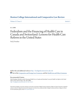 Federalism and the Financing of Health Care in Canada and Switzerland: Lessons for Health Care Reform in the United States Paul J