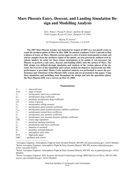 Mars Phoenix Entry, Descent, and Landing Simulation De- Sign and Modelling Analysis