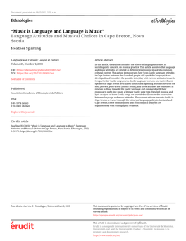 Language Attitudes and Musical Choices in Cape Breton, Nova Scotia Heather Sparling