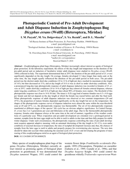 Photoperiodic Control of Pre-Adult Development and Adult Diapause Induction in Zoophytophagous Bug Dicyphus Errans (Wolff) (Heteroptera, Miridae) I