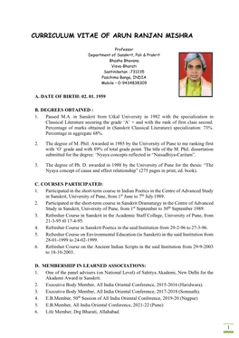 Curriculum Vitae of Arun Ranjan Mishra