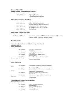 Sunday, 8 June 2003 Plenary Session: Thomas Building, Room 102 8:45