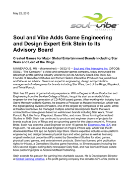 Soul and Vibe Adds Game Engineering and Design Expert Erik Stein to Its Advisory Board