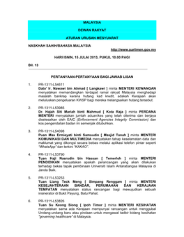 Malaysia Dewan Rakyat Aturan Urusan Mesyuarat