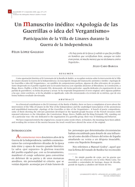 Un Manuscrito Inédito: «Apología De Las Guerrillas O Idea Del Vergantismo» Participación De La Villa De Linares Durante La Guerra De La Independencia