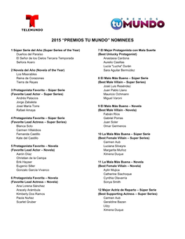 2015 “Premios Tu Mundo” Nominees