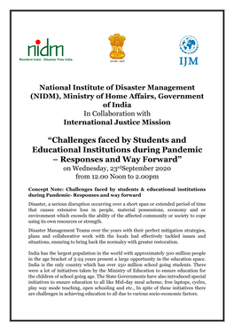 “Challenges Faced by Students and Educational Institutions During Pandemic – Responses and Way Forward” on Wednesday, 23Rdseptember 2020 from 12.00 Noon to 2.00Pm