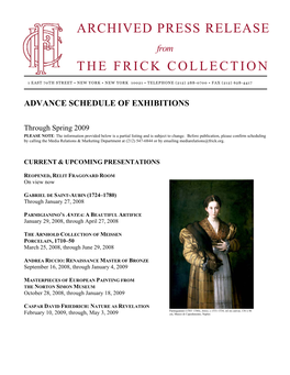 PRESS RELEASE from the FRICK COLLECTION