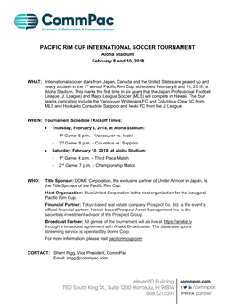 PACIFIC RIM CUP INTERNATIONAL SOCCER TOURNAMENT Aloha Stadium February 8 and 10, 2018