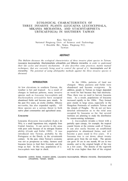 Ecological Characteristics of Three Invasive Plants (Leucaena Leucocephala, Mikania Micrantha, and Stachytarpheta Urticaefolia) in Southern Taiwan