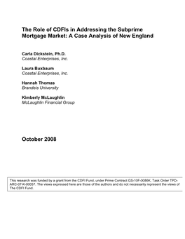The Role of Cdfis in Addressing the Subprime Mortgage Market: a Case Analysis of New England