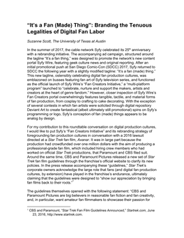 “It's a Fan (Made) Thing”: Branding the Tenuous Legalities of Digital Fan Labor