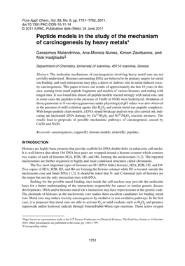 Peptide Models in the Study of the Mechanism of Carcinogenesis by Heavy Metals*