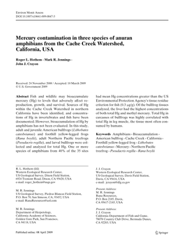 Mercury Contamination in Three Species of Anuran Amphibians from the Cache Creek Watershed, California, USA