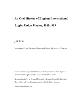 An Oral History of England International Rugby Union Players, 1945-1995 Joe Hall
