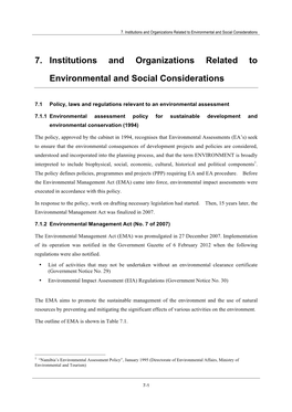 7. Institutions and Organizations Related to Environmental and Social Considerations