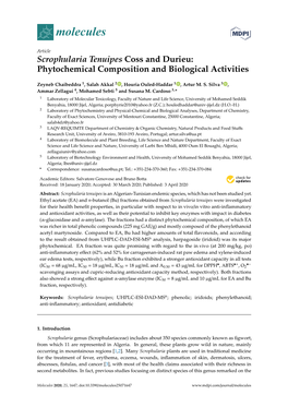 Scrophularia Tenuipes Coss and Durieu: Phytochemical Composition and Biological Activities