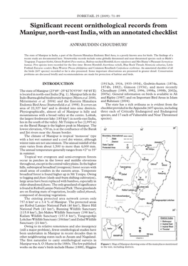 Significant Recent Ornithological Records from Manipur, North-East India, with an Annotated Checklist