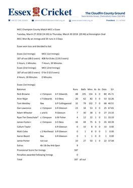 MCC Champion County Match MCC V Essex Tuesday