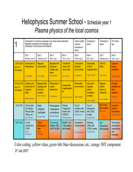 Heliophysics Summer School - Schedule Year 1 Plasma Physics of the Local Cosmos