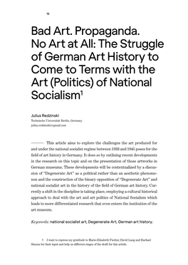 Bad Art. Propaganda. No Art at All: the Struggle of German Art History to Come to Terms with the Art (Politics) of National Socialism1