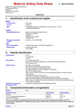 Material Safety Data Sheet Agilent Technologies Australia Pty Ltd 679 Springvale Road Mulgrave Victoria 3170, Australia 1800 802 402 Hydrox-Sil 1