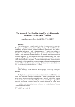 The Apologetic Specific of Jacob's of Serugh Theology in the Context Of