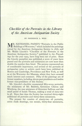 Checklist of the Portraits in the Library of the American Antiquarian Society