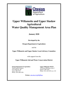 Upper Willamette and Upper Siuslaw Agricultural Water Quality Management Area Plan