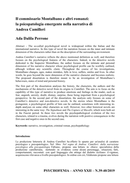Il Commissario Montalbano E Altri Romanzi: La Psicopatologia Emergente Nella Narrativa Di Andrea Camilleri