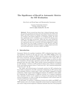 The Significance of Recall in Automatic Metrics for MT Evaluation