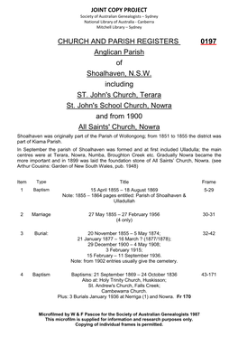 CHURCH and PARISH REGISTERS 0197 Anglican Parish of Shoalhaven, N.S.W