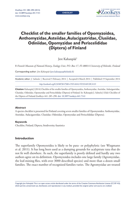 Checklist of the Smaller Families of Opomyzoidea, Anthomyzidae, Asteiidae, Aulacigastridae, Clusiidae, Odiniidae, Opomyzidae and Periscelididae (Diptera) of Finland